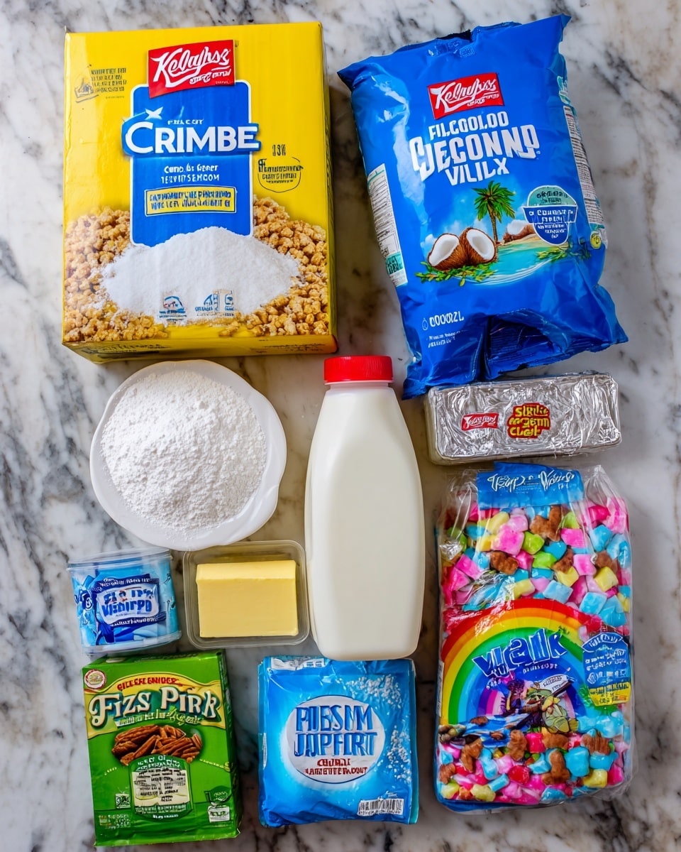 The image shows a collection of baking ingredients arranged neatly on a white marbled surface. At the top left is a large yellow box of Kellogg's graham cracker crumbs with blue and white text. Next to it on the right is a tall blue bag of Great Value sweetened coconut flakes featuring a coconut image. Below, in the center, is a white plastic jug of Great Value whole milk with a red cap. To the left of the milk is a white plate filled with powdered sugar. Below the plate is a small yellow stick of butter and a green box of pistachio Jell-O instant pudding. At the bottom left is a large blue bag of Fisher chopped pecans. To the right of the milk and butter is a silver-wrapped block of Philadelphia original cream cheese and below it a white container of Cool Whip original whipped topping with a blue label. At the bottom right is a colorful bag of Jet-Puffed mini marshmallows with a rainbow design. Next to the marshmallows is a small white and red box of McCormick pure vanilla extract. The setting is well lit, and all items are clearly visible. Photo taken with an iphone --ar 4:5 --v 7