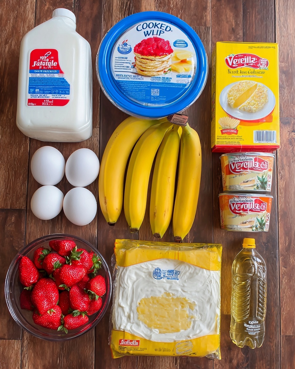 The image shows cooking ingredients neatly arranged on a wooden surface changed to a white marbled texture. There are three white eggs next to a bunch of bright yellow bananas placed vertically in the center right. To the left is a large white milk container with a red and blue label. Above that is a large round container with a blue lid labeled Cool Whip. Next to the eggs are a glass bowl filled with red strawberries with green tops, a box of yellow cake mix with a picture of a yellow cake with chocolate frosting, and a can of crushed pineapple with a yellow and orange label. On the right side, there are two boxes of vanilla Jello stacked vertically, a clear plastic bottle of vegetable oil with a blue label, and a transparent glass measuring cup at the bottom. photo taken with an iphone --ar 4:5 --v 7