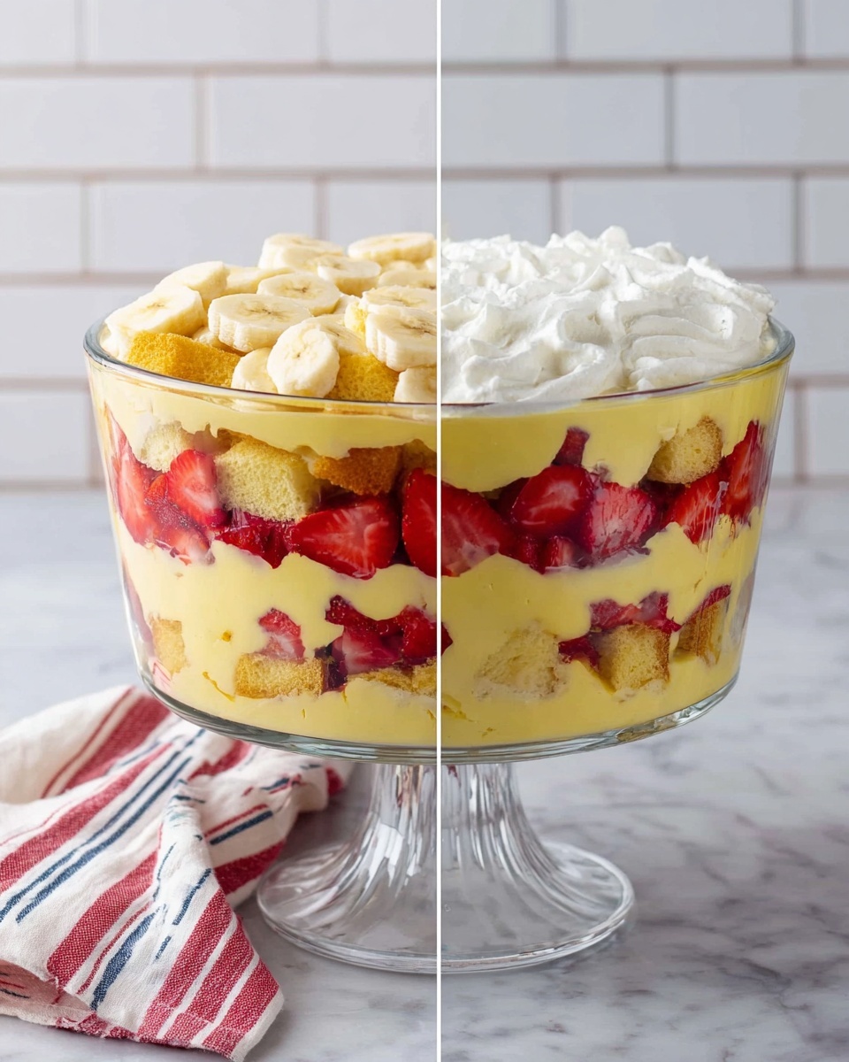 The image shows a clear glass trifle bowl on a white marbled surface. The bowl has multiple layers: the bottom layer is light yellow custard with golden sponge cake pieces mixed in; above that is a layer of bright red strawberry slices; followed by another layer of sponge cake and more custard. On top of these layers is a layer of thin, round banana slices covering the entire surface. In the second version, the top layer is a thick, fluffy white whipped cream covering the banana slices almost completely. A white cloth with red and blue stripes is placed behind the bowl, and the background is a white tiled pattern. photo taken with an iphone --ar 4:5 --v 7