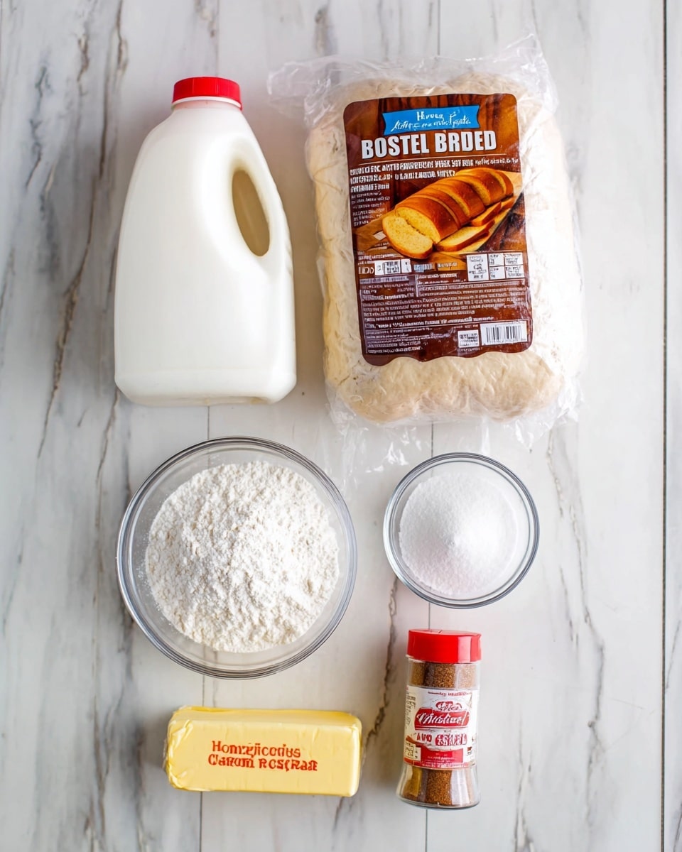 The image shows five ingredients arranged neatly on a white marbled surface: a clear plastic bag of homestyle bread dough featuring a brown and yellow label with an image of sliced bread, a half-gallon white plastic jug of milk with a red cap and label, a small glass bowl filled with white powdered sugar, another small glass bowl of white granulated sugar, a stick of yellow butter wrapped in paper with black text, and a small plastic bottle of ground cinnamon with a red lid and label. All items are placed side by side in a clean, bright setup. Photo taken with an iphone --ar 4:5 --v 7