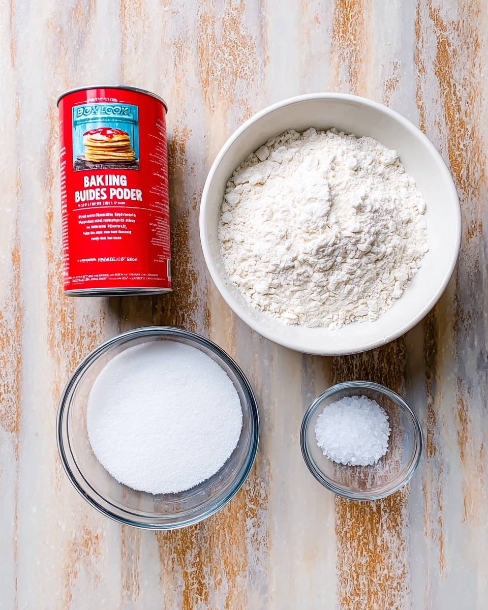 The image shows four baking ingredients placed on a white marbled textured surface. On the top right, there is a white bowl filled with a large amount of white flour with a slightly rough texture. Next to it on the top left, there is a red container of baking powder with clear white and black text and an image of pancakes. Below the flour bowl, a clear glass bowl holds a fine, white granulated sugar filling it nearly to the top. On the bottom right of the sugar bowl, there is a small clear glass bowl containing a small amount of coarse white salt. Photo taken with an iphone --ar 4:5 --v 7
