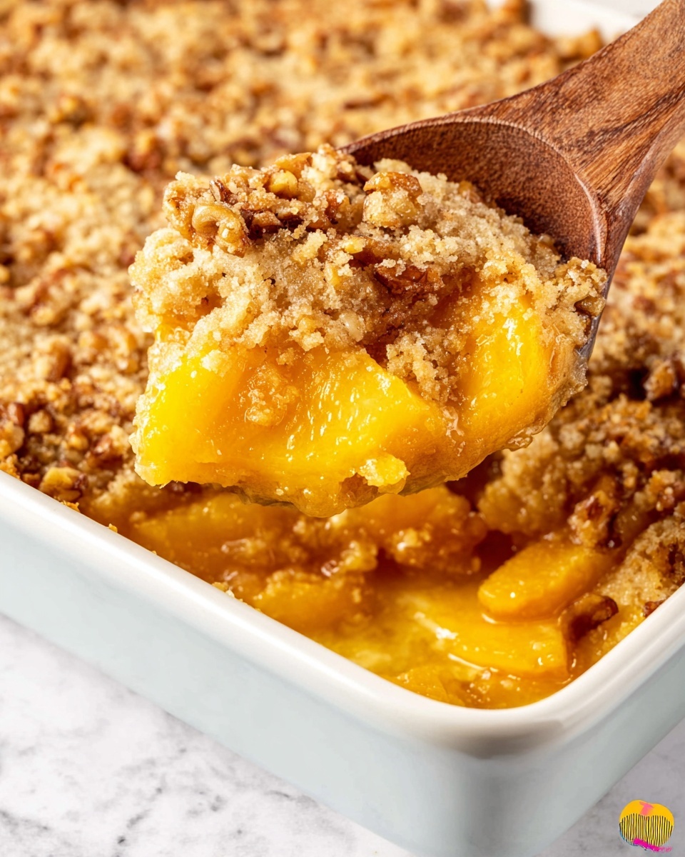 This dish shows a close-up of a golden peach cobbler in a white baking dish placed on a white marbled surface. The cobbler has two visible layers: a top crumbly golden crust speckled with toasted brown walnuts and a soft, bright yellow-orange peach filling underneath, which is juicy and thick. A wooden spoon scoops out part of the cobbler, showing the contrast between the crispy crust and the smooth, warm fruit layer beneath. The textures are a mix of crumbly, nutty top and gooey, soft fruit bottom. Photo taken with an iphone --ar 4:5 --v 7
