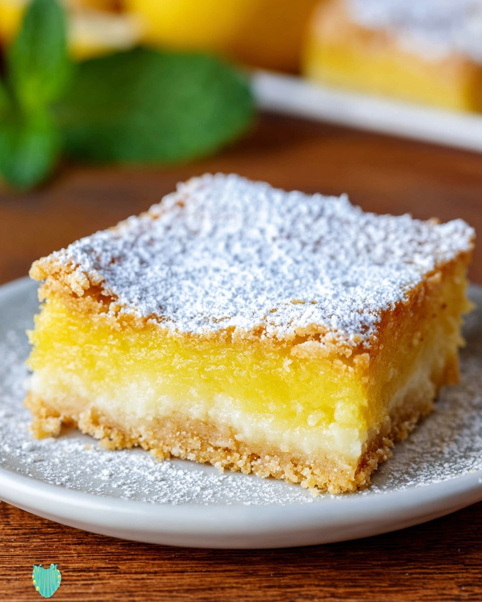 A square piece of lemon bar sits on a white plate, showing three visible layers: a bottom layer of golden brown crumbly crust, a middle layer of bright yellow lemon filling that looks smooth and slightly thick, and a top layer dusted generously with white powdered sugar. The powdered sugar adds a soft texture and light contrast to the bright lemon filling underneath. The plate is on a wooden surface, and there is a green mint leaf in the background slightly out of focus. photo taken with an iphone --ar 4:5 --v 7