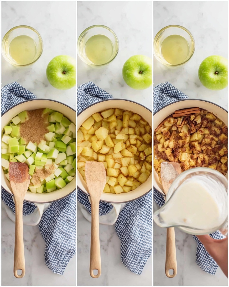 The image shows three side-by-side views of a white saucepan on a white marbled surface with two green apples and a small glass of light yellow liquid in the background. In the first view, the saucepan is filled with chopped green apples, brown sugar, cinnamon sticks, and a pat of butter. A wooden spoon with a light handle rests beside the pan on the surface over a blue and white checkered cloth. In the second view, the contents are cooked and mixed, turning into a soft golden brown apple mixture with the wooden spoon inside the pan. In the third view, a woman's hand holds a clear glass with milk or cream above the pan containing the same golden apple mixture, ready to be poured in. The photo taken with an iphone --ar 4:5 --v 7