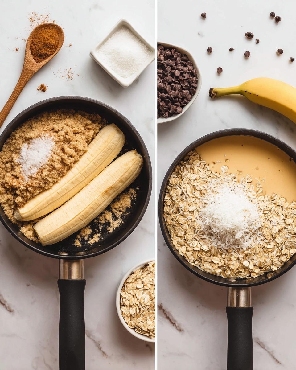 The image shows two black pans on a white marbled surface. The pan on the left has two halves of a yellow banana laying side by side on the right side, with a large amount of light brown sugar piled on the left. There is also a small sprinkle of white salt and some cinnamon on top of the banana. The pan on the right contains a creamy golden mixture on the left side, with light beige rolled oats piled on the right and a smaller mound of fine white shredded coconut placed on top of the oats near the center. Both pans have black handles angled toward the bottom right, next to a wooden spoon, a square white bowl with rolled oats, and a round white bowl with small dark chocolate chips scattered around. Photo taken with an iphone --ar 4:5 --v 7