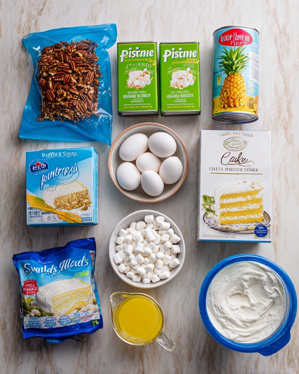 The image shows an arrangement of baking ingredients laid out on a white marbled surface. There is a blue bag of chopped pecans in the top left corner, next to two small green boxes of pistachio instant pudding. A can of crushed pineapple with a yellow pineapple image is placed near the top right. Below these, there is a white cake mix box with a picture of white layered cake with icing. To the right are three white eggs and a small white bowl filled with white mini marshmallows. On the lower left side, there is a blue bag of sweetened coconut flakes beside a small white pitcher containing a yellow liquid and another white pitcher with white milk. At the bottom right, there is a round container of Cool Whip with a blue lid. photo taken with an iphone --ar 4:5 --v 7