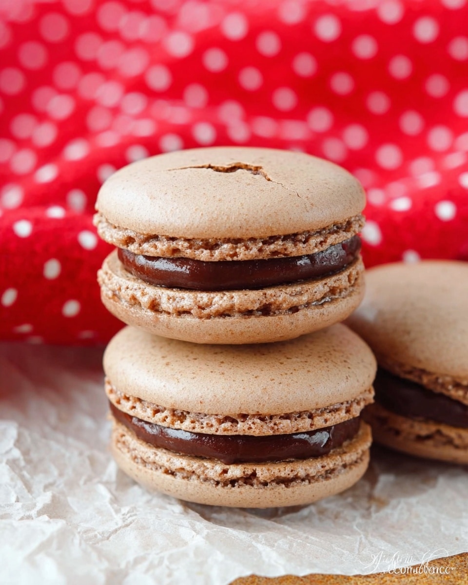 Three chocolate macarons are stacked on white crinkled paper against a red fabric with white polka dots. Each macaron has two smooth light brown shells with a slightly crinkly texture on the edges. Between the shells is a thick layer of dark chocolate filling, smooth and shiny. The top macaron shows a small crack on its shell, and the macarons have a delicate, soft appearance. photo taken with an iphone --ar 4:5 --v 7