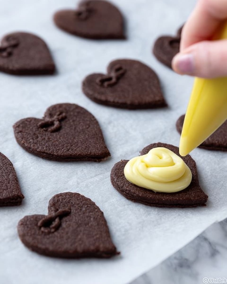 The image shows several dark brown, heart-shaped cookies placed on white parchment paper over a white marbled surface. On the right side, a woman’s hand holds a yellow piping bag, squeezing light yellow cream icing onto one of the cookies, forming a swirl that begins at the bottom left and loops toward the top right of the cookie. The cookie has a slightly rough, cracked texture while the cream looks smooth and soft. More cookies of the same shape and color are scattered around, uniced. Photo taken with an iphone --ar 4:5 --v 7