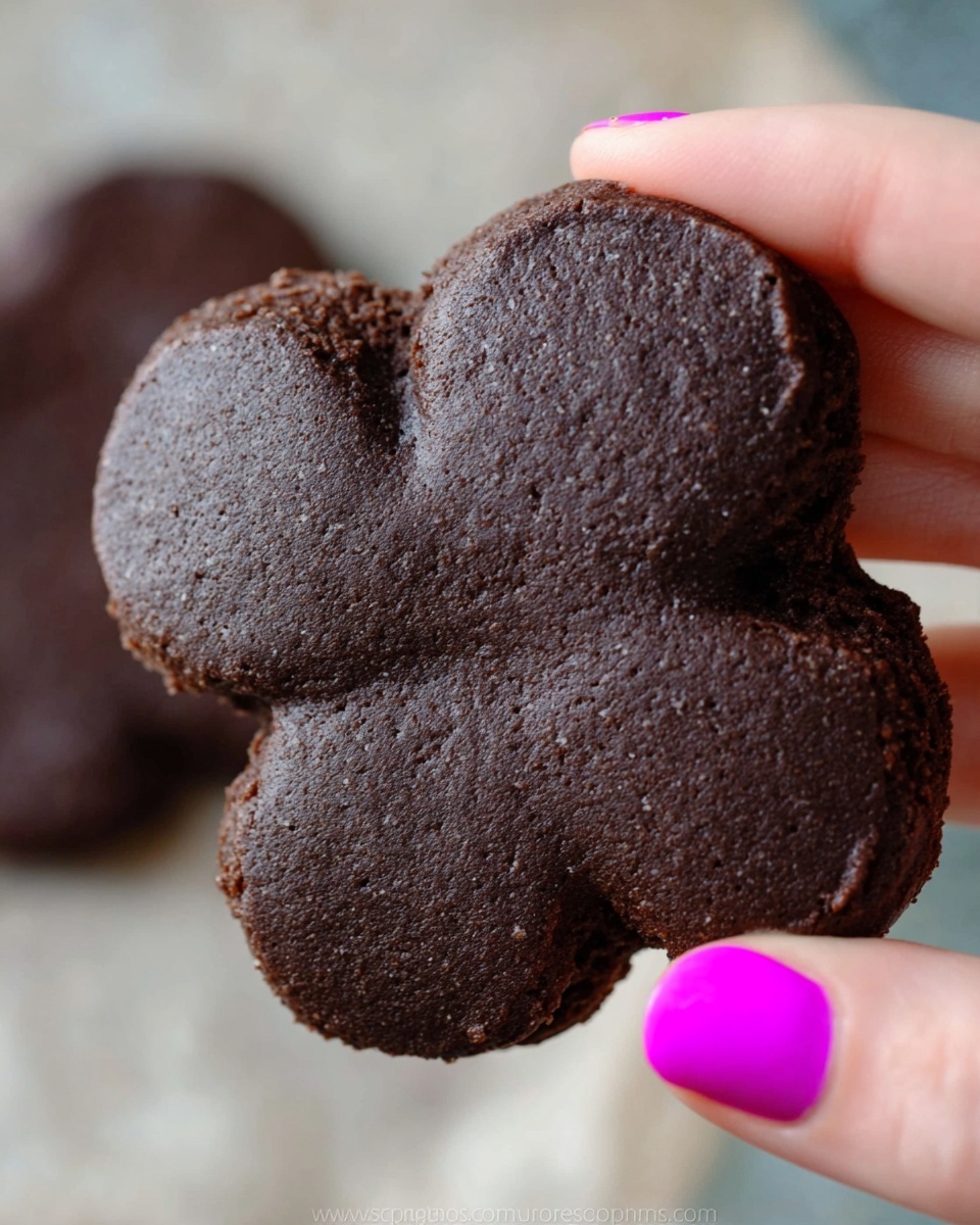 A close-up view of a dark brown cookie with a smooth, slightly shiny surface and a rougher, crumbly edge. The cookie has a rounded shape with three distinct lobes, somewhat like a cloud or a clover. A woman's hand with bright pink polished nails is holding the cookie delicately between thumb and forefinger. The background is softly blurred, showing another similar cookie in the distance and a neutral soft surface. Photo taken with an iphone --ar 4:5 --v 7