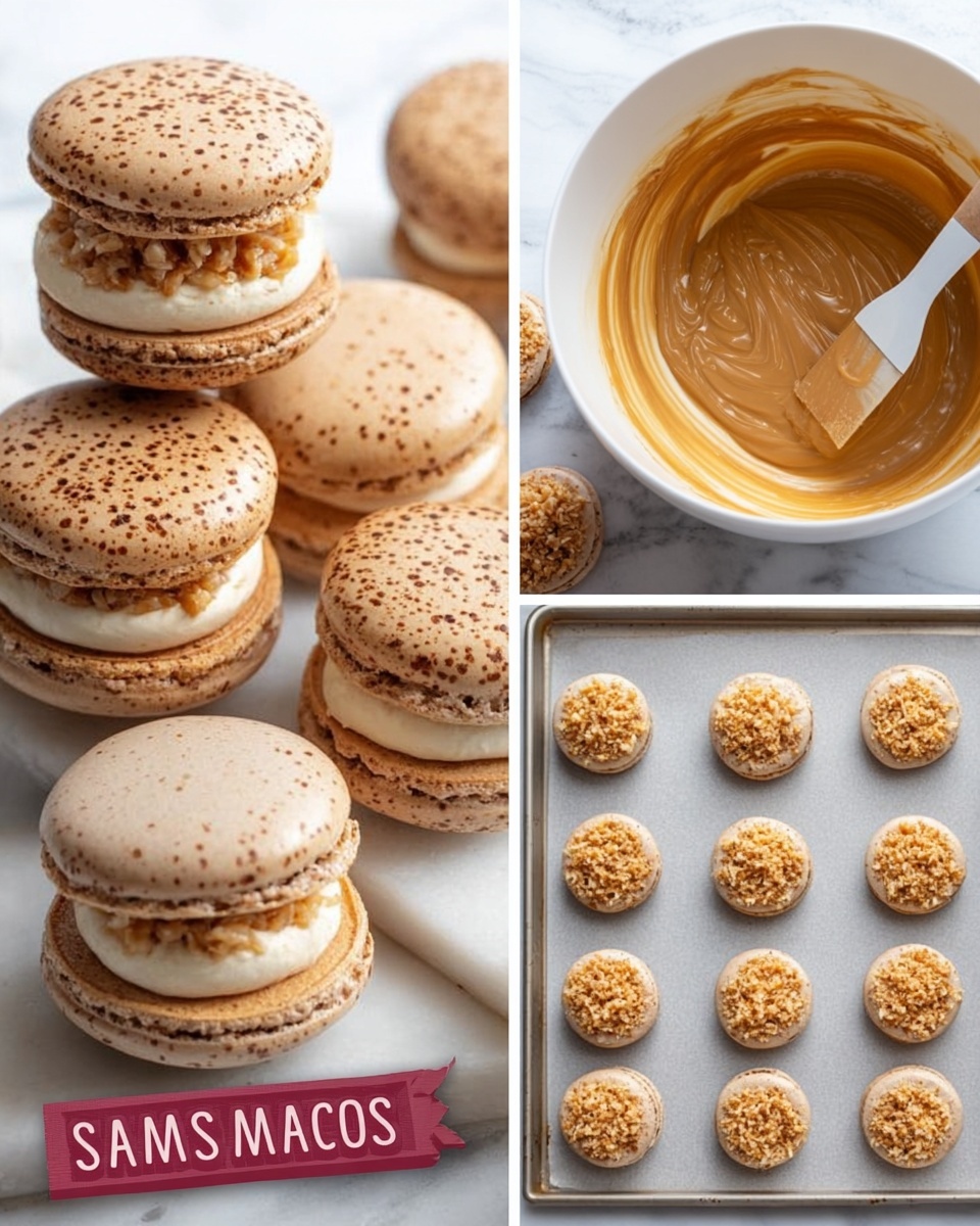 Samoa Macarons with Caramel-Coconut Filling Recipe 5 The main image shows a close-up of stacked macarons with a light brown shell speckled with darker brown spots, each filled with a creamy layer topped with a coconut and caramel mix that looks textured and chunky. The macaron shells are smooth and round, while the filling layers create a contrast of creamy and chunky textures between the shells. Surrounding images show the making process: a white bowl with a light brown smooth batter being mixed with a spatula, a baking tray lined with parchment paper holding small round dollops of macaron batter evenly spaced, and a tray with the macarons partly assembled—some with the caramel coconut mix and others topped with a smooth caramel layer. All visuals are set against a white marbled background. Photo taken with an iphone --ar 4:5 --v 7