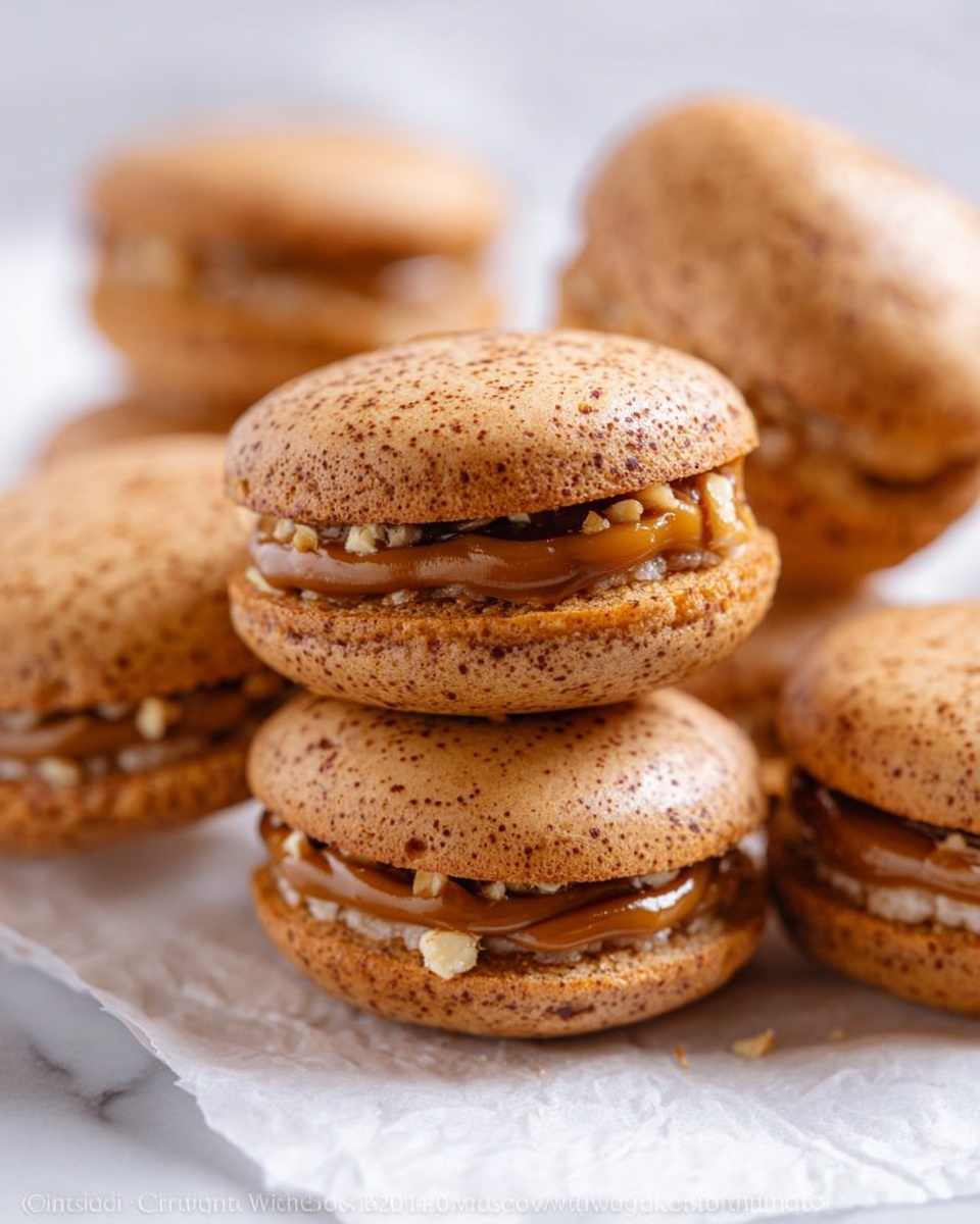 The image shows several small round cookies stacked in pairs with a thick layer of crunchy caramel filling in the middle. Each cookie is light brown with darker speckles on the surface giving them a slightly textured look. The filling is a shiny golden caramel mixed with small nut pieces, visible and slightly uneven between the cookie layers. The cookies rest on white parchment paper with a hint of a blurred white marbled surface in the background. Photo taken with an iphone --ar 4:5 --v 7