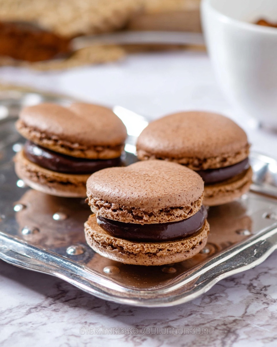 Three chocolate macarons sit on a shiny silver tray with small circular indentations, placed on a white marbled surface. Each macaron has two light brown cookie layers with a rough texture, sandwiching a thick, dark chocolate filling that is smooth and glossy. The macarons are arranged close but not touching, with one slightly heart-shaped cookie in the front and two round ones behind it. The background is softly blurred, showing parts of a white bowl on the right side. Photo taken with an iphone --ar 4:5 --v 7