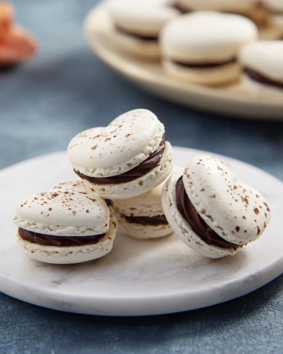 The image shows heart-shaped macarons with a creamy off-white color and a smooth texture, dotted slightly with tiny spots. Each macaron has two layers joined by a dark brown chocolate filling that looks thick and dense, sitting in the middle between the top and bottom macaron shells. The macarons are placed on a white plate with curves along the edge positioned on a white marbled surface. Four macarons are visible, with one in the very front in clear focus and the others softly blurred behind. Photo taken with an iphone --ar 4:5 --v 7