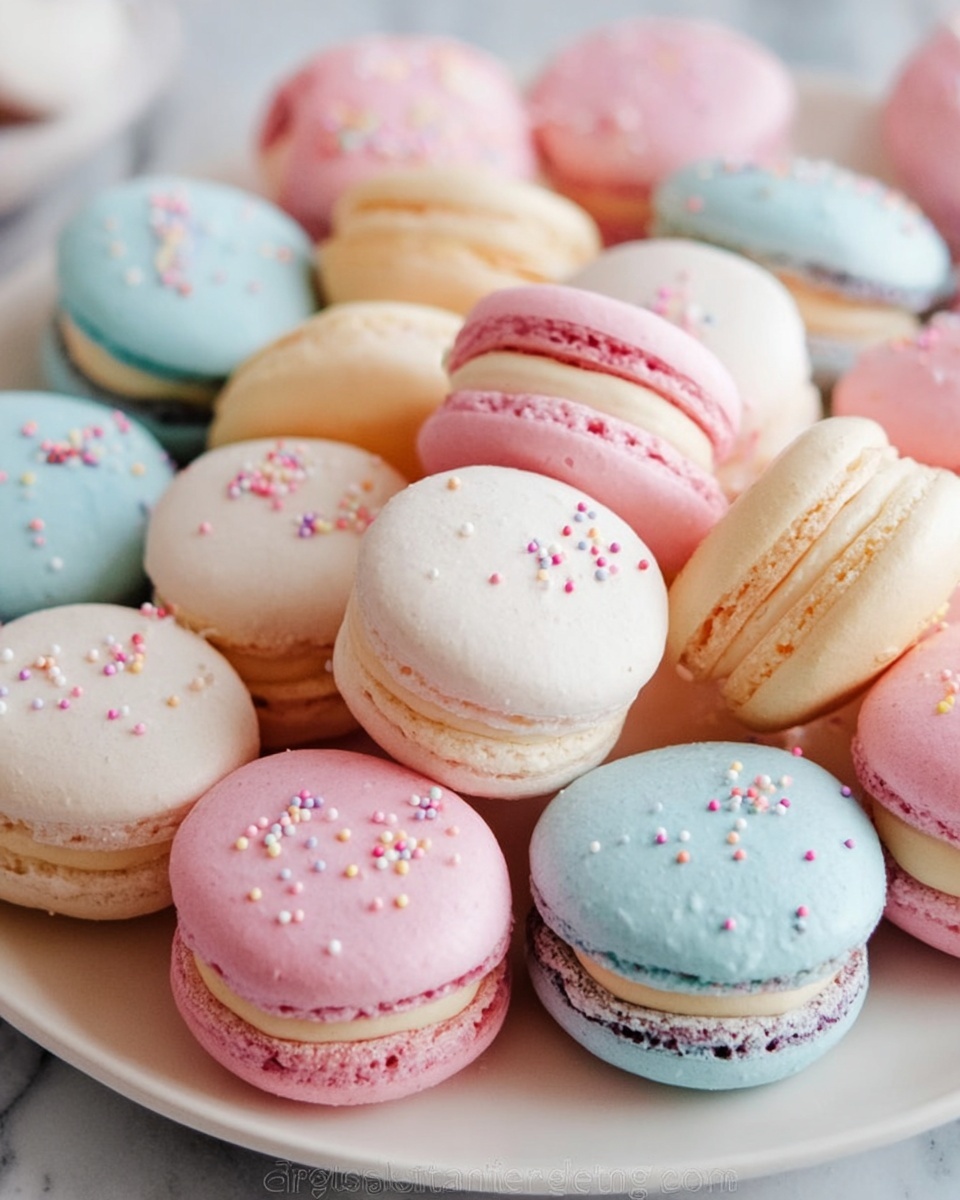 This image shows a plate full of colorful macarons arranged in rows. Each macaron has two smooth, rounded shells with a thin layer of cream or filling in between. The macarons come in soft pastel colors including pink, blue, white, and cream. Some macarons have small round sprinkles on the top shells in different colors like white, yellow, and pink. The macarons have a slightly rough texture on the edges of the shells, and they are all sitting on a white plate. The background is a white marbled texture. photo taken with an iphone --ar 4:5 --v 7