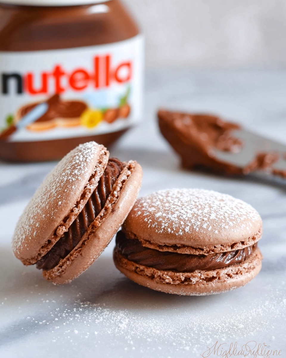 Two chocolate macarons with a smooth Nutella filling are shown on a white marbled surface. Each macaron has two light brown shells dusted lightly with white powdered sugar and a thick dark brown Nutella layer sandwiched in the middle. One macaron lies flat while the other leans against it at an angle, showing its filling clearly. In the background, there is a blurry jar of Nutella and a knife smeared with some of the chocolate spread. photo taken with an iphone --ar 4:5 --v 7