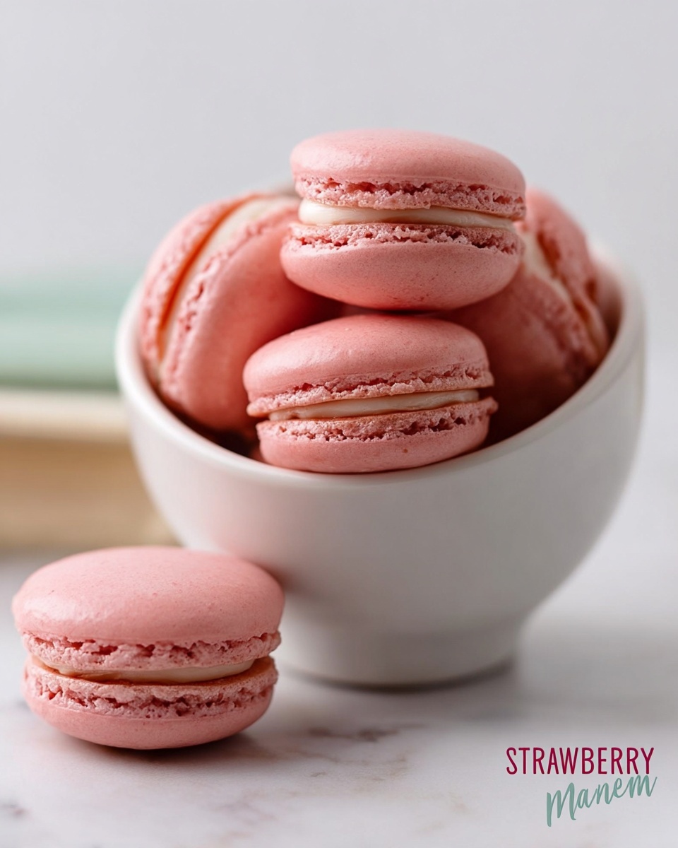 A small group of pink strawberry macarons with smooth, slightly shiny tops and ruffled edges are stacked casually, with some resting inside a tilted white bowl that shows its smooth interior. The macarons have a creamy, light pink filling sandwiched between two round shells. The scene is set on a white marbled surface with soft natural light, focusing closely on the delicate texture and gentle colors of the macarons. Photo taken with an iphone --ar 4:5 --v 7