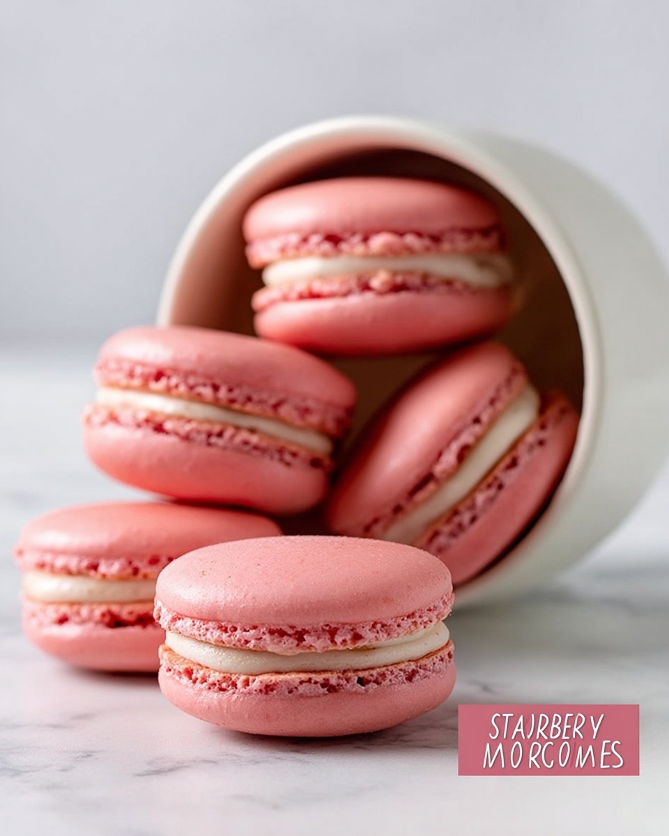 The image shows six pink strawberry macarons, each with two smooth, round shells and a thin layer of creamy filling in the middle. Five macarons are loosely stacked and resting on their sides, appearing soft and slightly shiny. One macaron lies flat near the front. These macarons come out of a white bowl tipped on its side, spilling the macarons onto a white marbled surface. The lighting makes the surface and macarons look bright and clean. The photo taken with an iphone --ar 4:5 --v 7