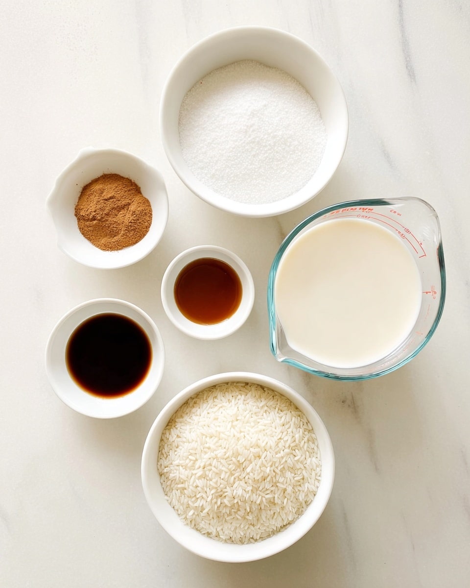 A white marbled surface holds six white bowls and a clear glass measuring cup arranged neatly. Starting from the bottom center, there is a bowl filled with uncooked white rice. Moving clockwise, the glass measuring cup filled with a creamy white liquid sits on the right, partially in the frame. Above it is a bowl filled with white granulated sugar. To the left, there is a small bowl with brown powder, likely cinnamon, and next to it a small bowl containing a dark brown liquid, probably vanilla extract. Finally, on the bottom left, a small bowl contains a white granular substance, likely salt. The setup is well lit with soft light and a clean look. Photo taken with an iphone --ar 4:5 --v 7