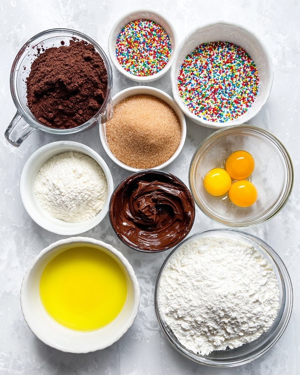 The image shows a top view of nine small bowls and a measuring cup arranged on a white marbled surface, each holding different baking ingredients. From top left to bottom right: a clear glass measuring cup with dark brown cocoa powder, a white bowl filled with colorful round sprinkles, a white bowl with light brown soft sugar, a small clear bowl with thick dark brown chocolate paste, a white bowl with bright yellow melted butter, a large clear bowl with white flour, a small white bowl with white powder, a white bowl with fine white granulated sugar, and a small white bowl holding three raw egg yolks and whites. The bowls are close together, showing the contrasting textures and colors of the ingredients. photo taken with an iphone --ar 4:5 --v 7