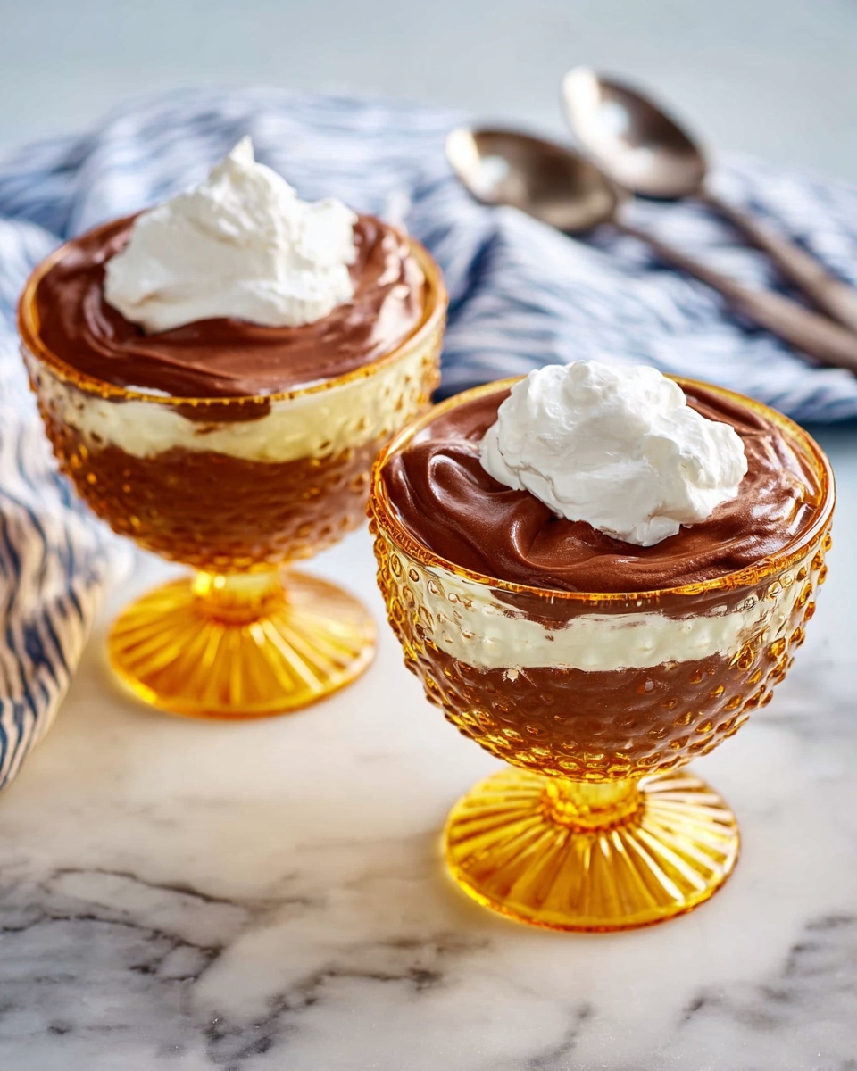 Two dessert cups sit side by side on a white marbled surface, each made of textured amber glass with a raised pattern and a sunburst base. Inside each cup, there are two visible layers: a thick, white whipped cream layer at the bottom and around the sides, and a smooth, dark brown chocolate pudding layer on top, swirled slightly in the center. In the background, there is a white cloth with blue stripes, slightly out of focus, along with two spoons resting on it. The lighting is soft and natural, highlighting the glossy textures of the chocolate and the delicate peaks of the whipped cream. Photo taken with an iphone --ar 4:5 --v 7