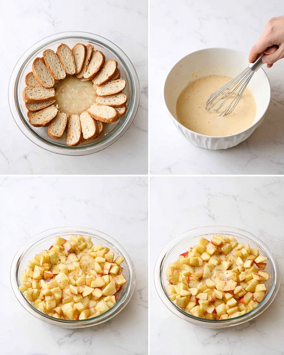 The image shows four steps of making a layered dish on a white marbled background. The first step is in a clear round glass dish with slices of light brown bread arranged in a circle, with small light yellow apple pieces scattered on top. The second step shows a white bowl with a light beige foamy liquid being mixed by a woman's hand using a silver whisk. The third step returns to the glass dish, now filled with the beige liquid poured over the bread and apple pieces, partially soaking them. The last step shows the glass dish fully layered with many small apple pieces covering the soaked bread slices evenly. Photo taken with an iphone --ar 4:5 --v 7