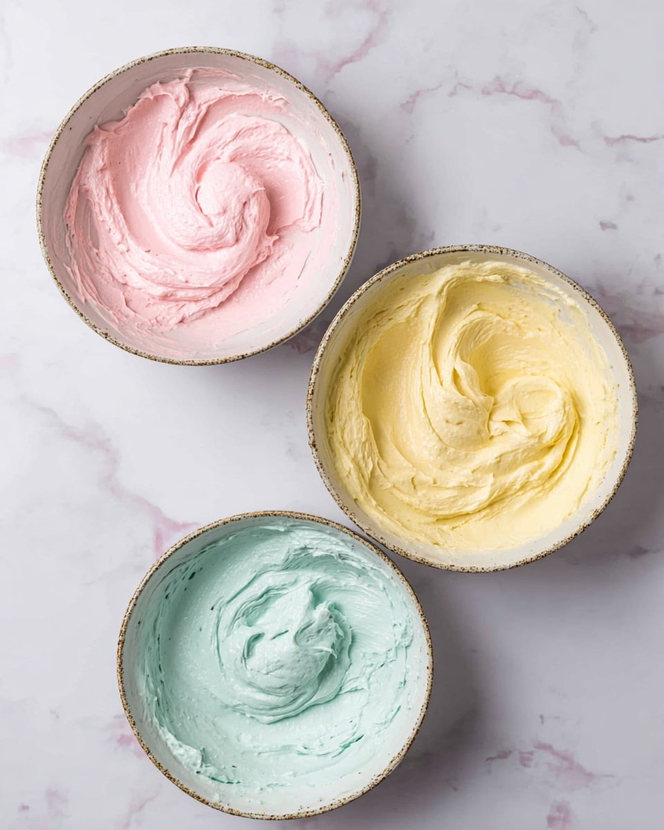 Three white bowls with thick, creamy frosting are placed on a white marbled surface. The top left bowl holds a pale pink frosting with a smooth but slightly swirled texture. The bowl on the right contains a soft yellow frosting, also smooth and slightly swirled. The bottom left bowl has a light blue frosting that is creamy and softly swirled. The bowls have a rough edge with an earthy, rustic style. The photo taken with an iphone --ar 4:5 --v 7