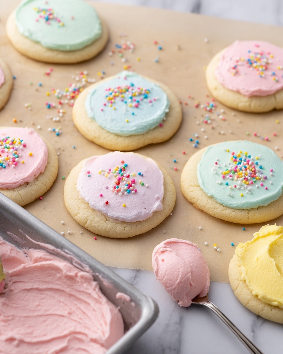 This image shows a collection of soft, round cookies on a white marbled surface and a metal baking sheet lined with parchment paper. Each cookie has one layer of smooth, pastel-colored frosting in light pink, pale blue, or soft yellow spread on top. Small, round, multicolored sprinkles decorate the frosted cookies. There is a spoonful of pink frosting resting on the surface next to a cookie, and a scoop of yellow frosting nearby, adding to the light and playful scene. photo taken with an iphone --ar 4:5 --v 7