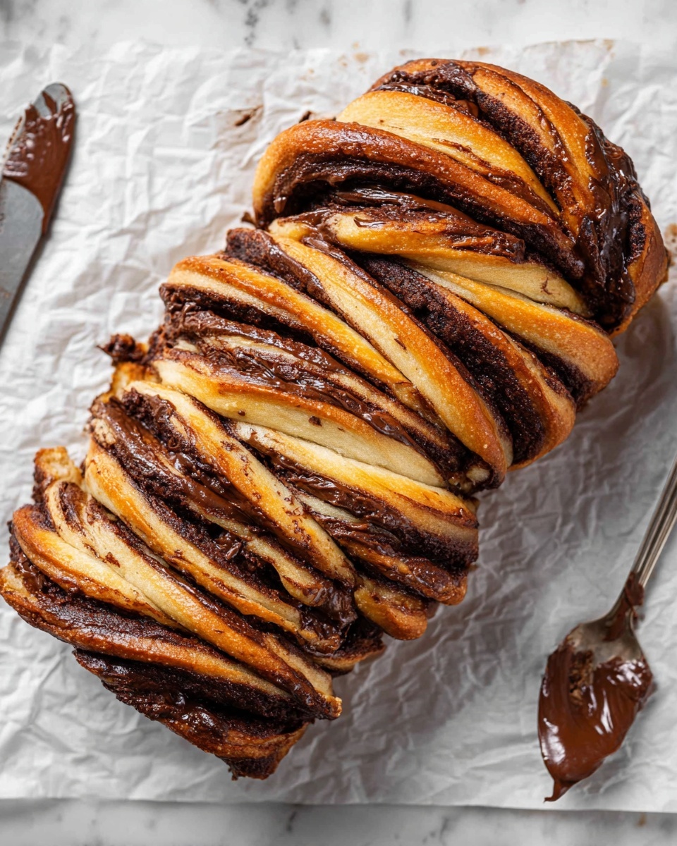 A loaf of twisted bread with many layers of soft, golden-brown dough swirled with dark chocolate spread. The outer dough is shiny and slightly glazed, showing a crisp texture, while the inside reveals rich, gooey chocolate folds intertwined in the bread. The loaf sits on crumpled white parchment paper over a white marbled surface. A silver knife with a small amount of chocolate spread rests to the side. Photo taken with an iphone --ar 4:5 --v 7