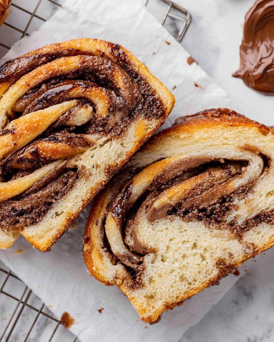 The image shows two slices of a twisted pastry on white parchment paper with a cooling rack at the edge. The pastry has three to four layers, with light golden brown dough swirled with dark chocolate filling, creating a marbled effect inside. The dough looks soft and flaky with a slightly shiny, glazed surface. There is also a small smear of chocolate spread nearby. The background is a white marbled texture. photo taken with an iphone --ar 4:5 --v 7