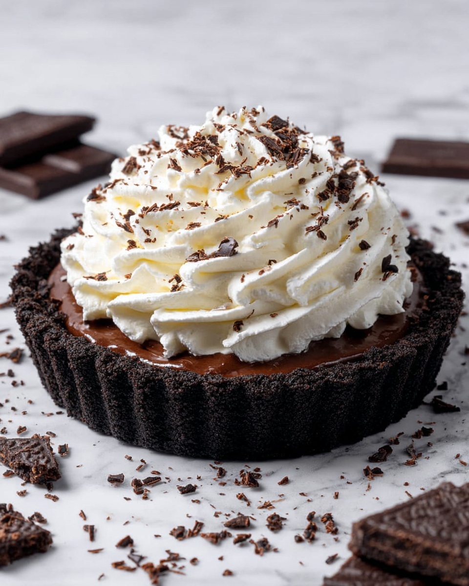 The image shows a dessert tart with three clear layers: the bottom crust is dark, crumbly, and thick, made from crushed cookies packed into a round tart shape with ridged edges; above the crust is a smooth and shiny dark chocolate layer that fills the tart base; the top layer is a large, swirling mound of soft, white whipped cream with a light texture, sprinkled evenly with small, dark chocolate shavings. The tart sits on a white marbled surface with scattered pieces of chocolate and cookies nearby. Photo taken with an iphone --ar 4:5 --v 7