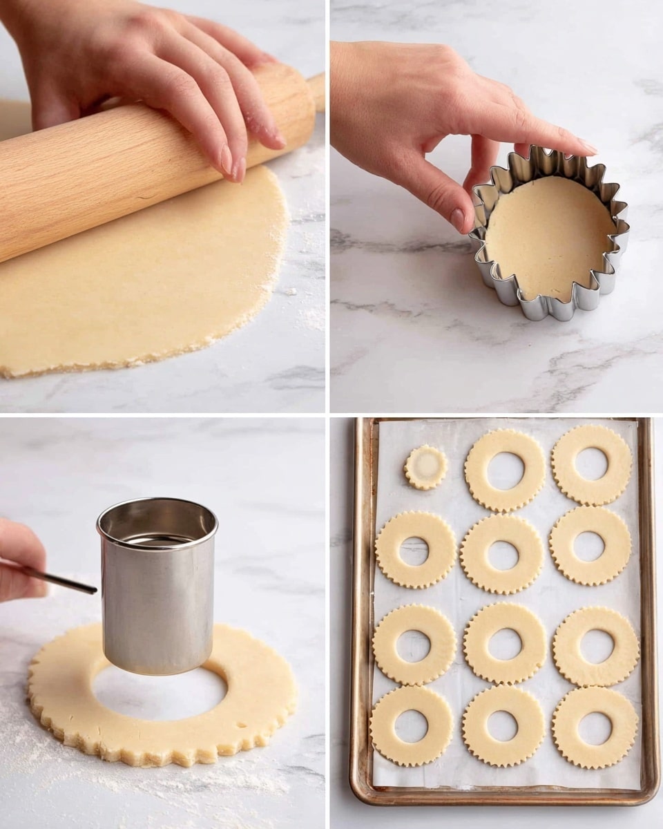 The collage shows four steps of making dough rings on a white marbled surface. The first section shows a woman's hand rolling out light beige dough with a wooden rolling pin, flattening it evenly. The second section shows a woman's hand holding a round scalloped cutter, stamping out circle shapes from the dough sheet. The third section focuses on a metal piping tip pushing out a smaller round shape inside a larger dough circle, creating a ring shape with a hole in the center. The last section shows multiple raw dough rings placed neatly on a baking sheet lined with white parchment paper, each ring evenly spaced and light beige in color. Photo taken with an iphone --ar 4:5 --v 7