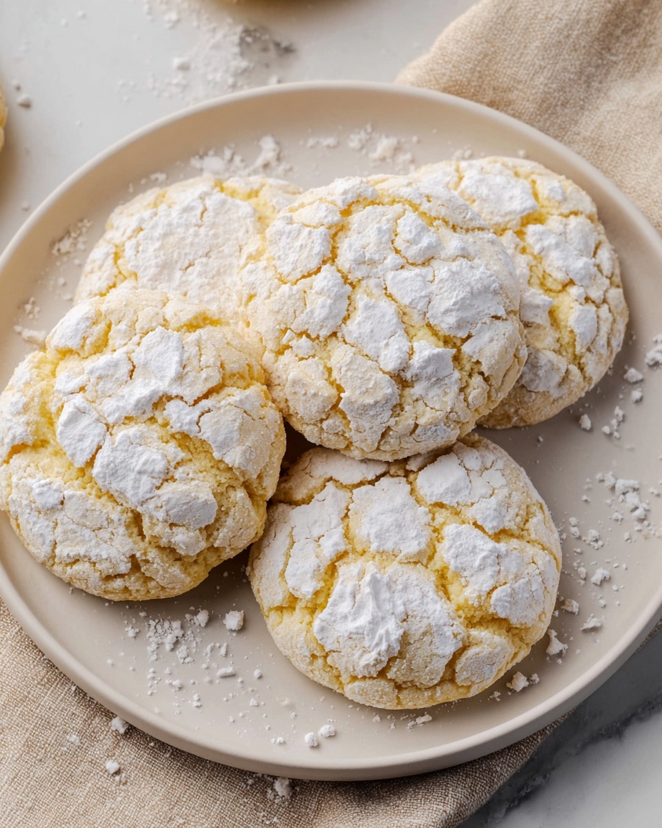 Four round, pale yellow cookies with cracked tops are arranged on a white plate. Each cookie has a thick layer of white powdered sugar resting unevenly on the cracked surface, showing the soft texture underneath. The cookies look soft and slightly thick, with the powdered sugar giving a rough, patchy texture. The plate sits on a beige cloth on a white marbled surface. Photo taken with an iphone --ar 4:5 --v 7
