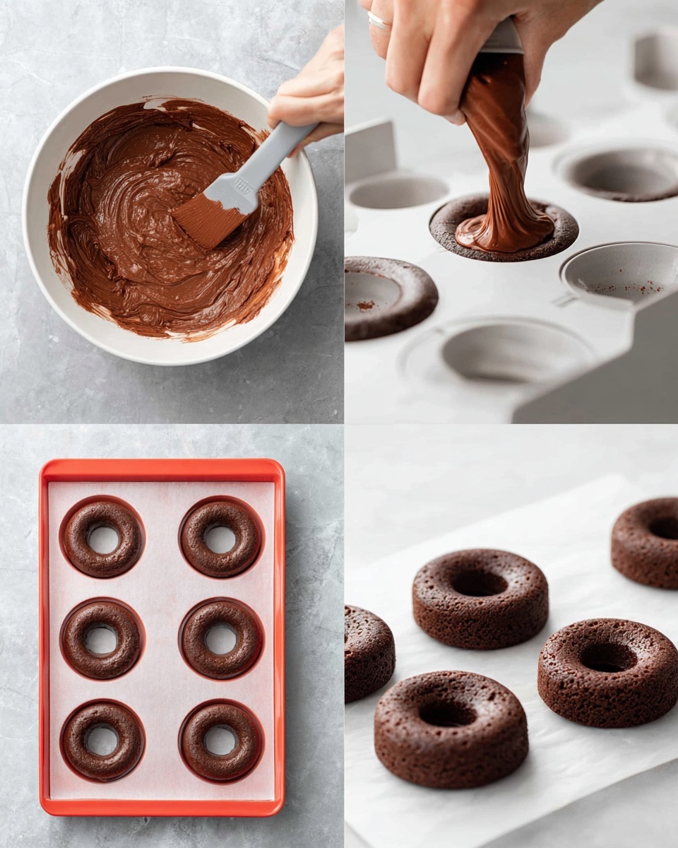 The image shows a sequence of steps making chocolate doughnuts. The first part shows a white bowl filled with thick chocolate batter being stirred with a spatula held by a woman's hand. The batter is smooth and has some chocolate chips. The next part shows a close-up of chocolate batter being squeezed from a piping bag into a white donut mold, filling one cavity halfway. Below that, a white donut tray is filled with chocolate batter in all six cavities, showing a dark, creamy texture slightly uneven on the surface. The last part shows three baked chocolate doughnuts resting on white parchment paper over a white marbled surface; the doughnuts are dark brown with a slightly rough surface and a perfect round shape with a hole in the center. photo taken with an iphone --ar 4:5 --v 7