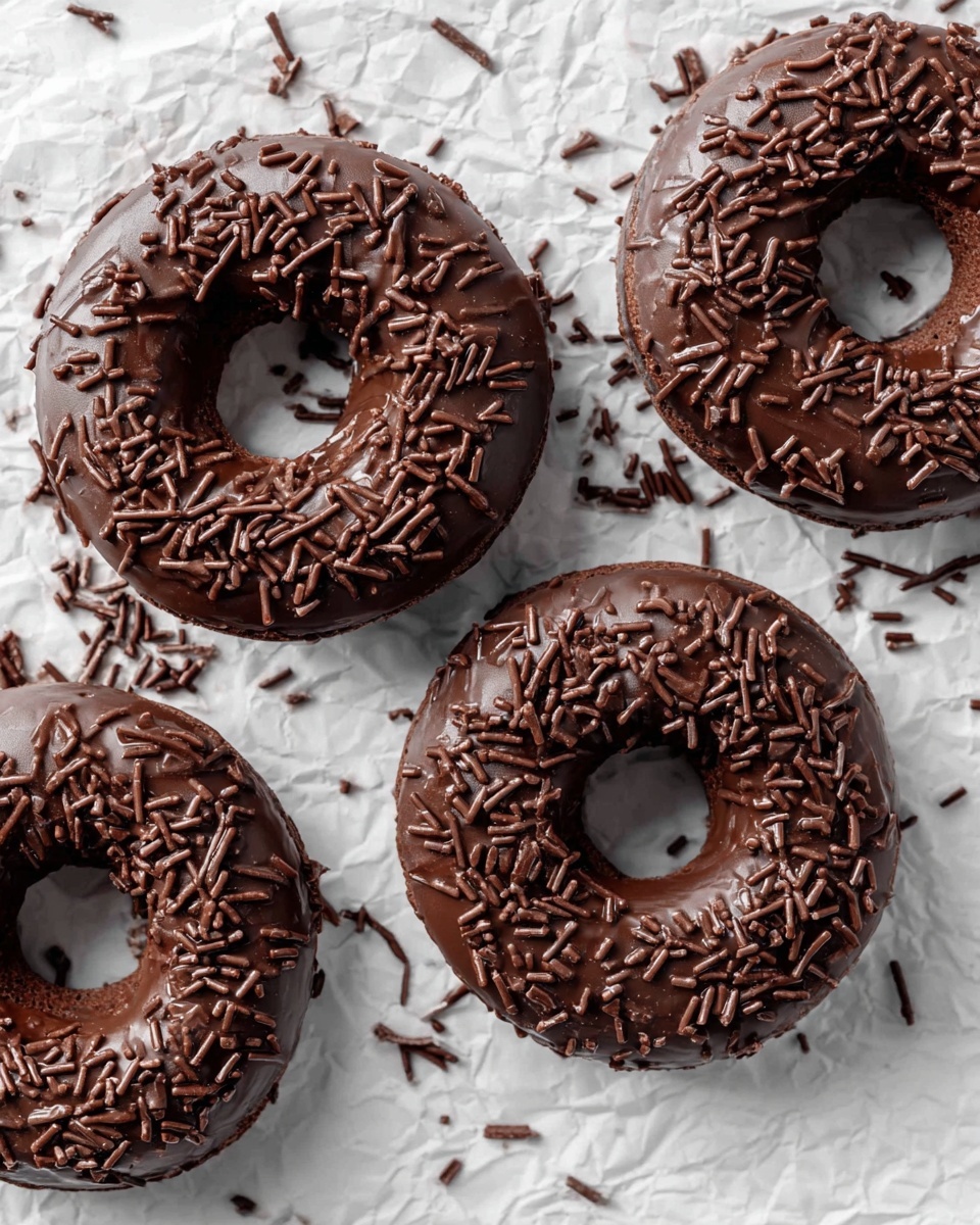 Four chocolate donuts lie flat on a sheet of crinkled white parchment paper, placed on a white marbled surface. Each donut is thick, with a smooth, shiny dark chocolate glaze evenly coating the top surface. On top of the glaze, there is a generous sprinkling of chocolate sprinkles scattered all over, some spilling onto the parchment paper. The donuts have a deep brown color beneath the glaze, visible where the hole in the center reveals the inside texture. The overall look is rich and inviting, with a soft contrast between the matte sprinkles and the glossy glaze photo taken with an iphone --ar 4:5 --v 7