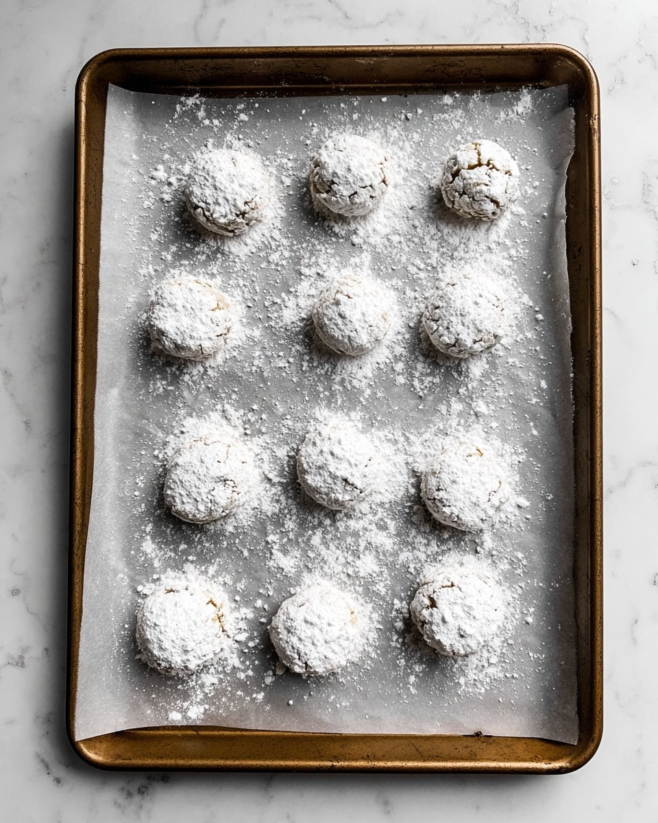 A brown baking tray lined with grey parchment paper holds twelve cookie dough pieces arranged with space between them. The cookies come in two shapes: seven are flattened circles and five are round balls. Each cookie is coated with a thick layer of white powdered sugar, making them look snowy and textured. Some powdered sugar is scattered on the parchment paper around the cookies. The tray is placed on a white marbled texture surface. Photo taken with an iphone --ar 4:5 --v 7