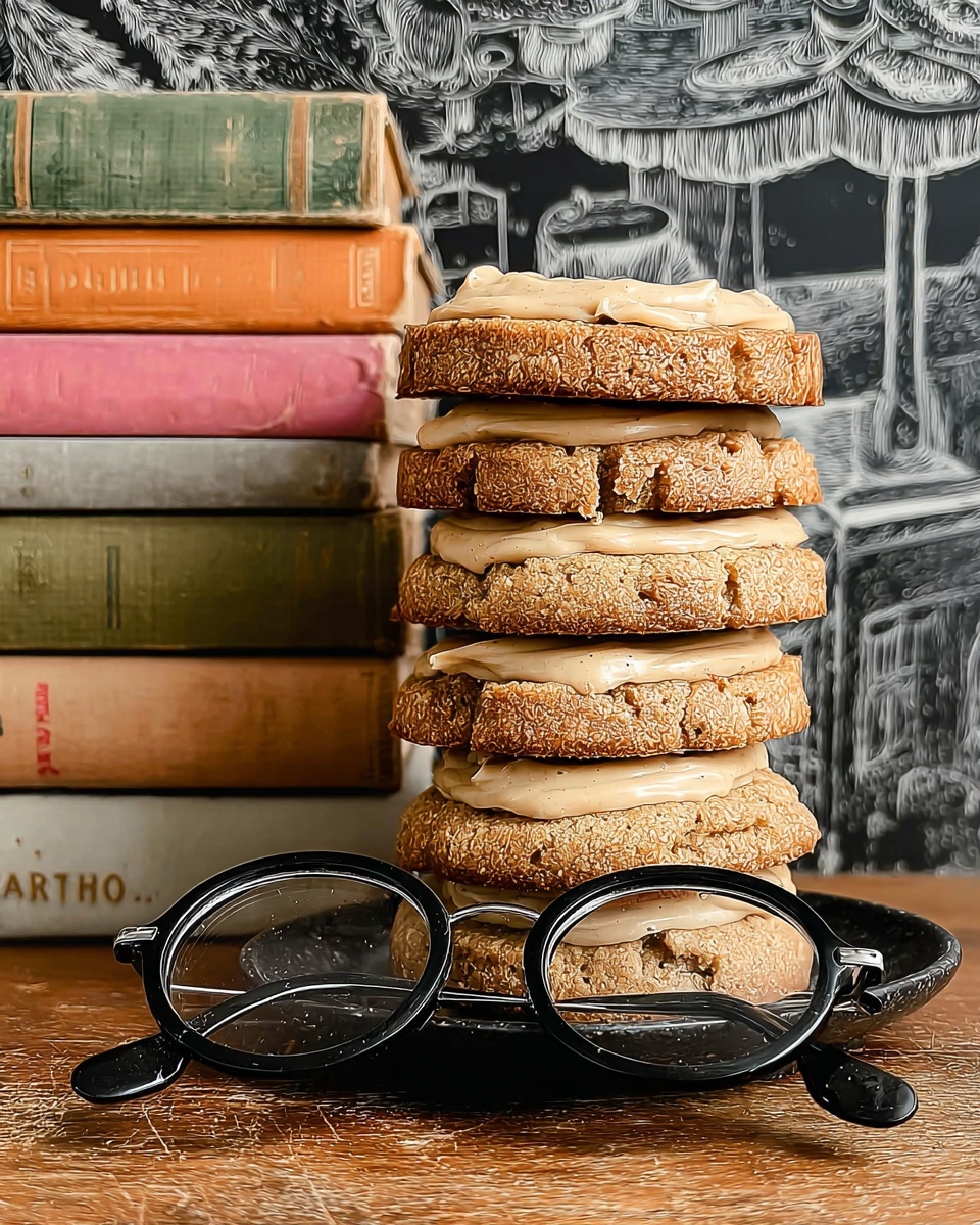 A tall stack of six cookies with light brown frosting between each layer is placed on a small black plate. The cookies are golden brown with a slightly rough texture, and the frosting is creamy and pale beige, evenly spread between the cookie layers. Behind the stack, there is a stack of four old, colorful books with worn covers in green, pink, orange, and gray tones, standing upright. In front of the plate and cookies, a pair of round black glasses rests on a wooden surface. The background shows a detailed, textured black and white pattern. photo taken with an iphone --ar 4:5 --v 7