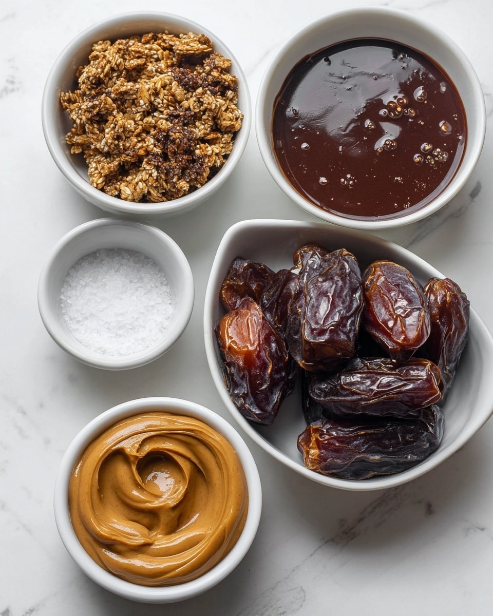 The image shows five small white bowls placed on a white marbled surface. The largest bowl on the right contains several opened dates with a dark brown shiny, wrinkled skin and a sticky, fibrous interior. Above it, a bowl holds thick, glossy dark chocolate sauce with a smooth texture and small bubbles on the surface. To the left, a bowl is filled with crunchy granola clusters in light and dark brown tones. Below, a small bowl contains coarse white sea salt, and next to it is a bowl with thick, creamy peanut butter in a light brown color. photo taken with an iphone --ar 4:5 --v 7