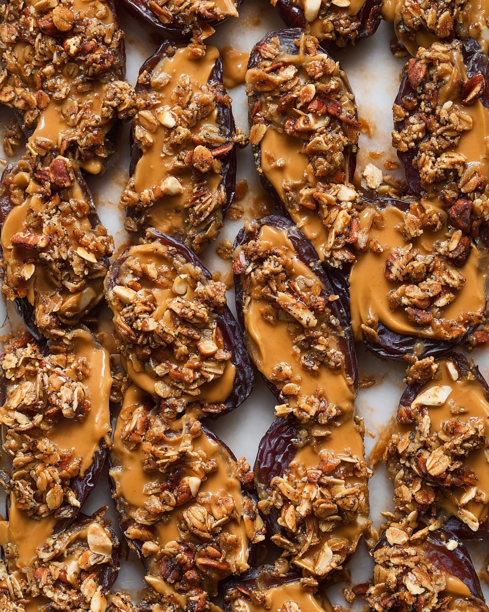 The image shows many dark brown, dried date halves spread out closely together on a white marbled surface. Each date half is generously coated with smooth, light brown peanut butter that covers the inside of the dates unevenly, creating a glossy texture. On top of the peanut butter, clusters of crunchy oat and nut granola are scattered, adding a rough texture and a mix of light and dark brown colors, contrasting with the smooth peanut butter and soft dates. photo taken with an iphone --ar 4:5 --v 7