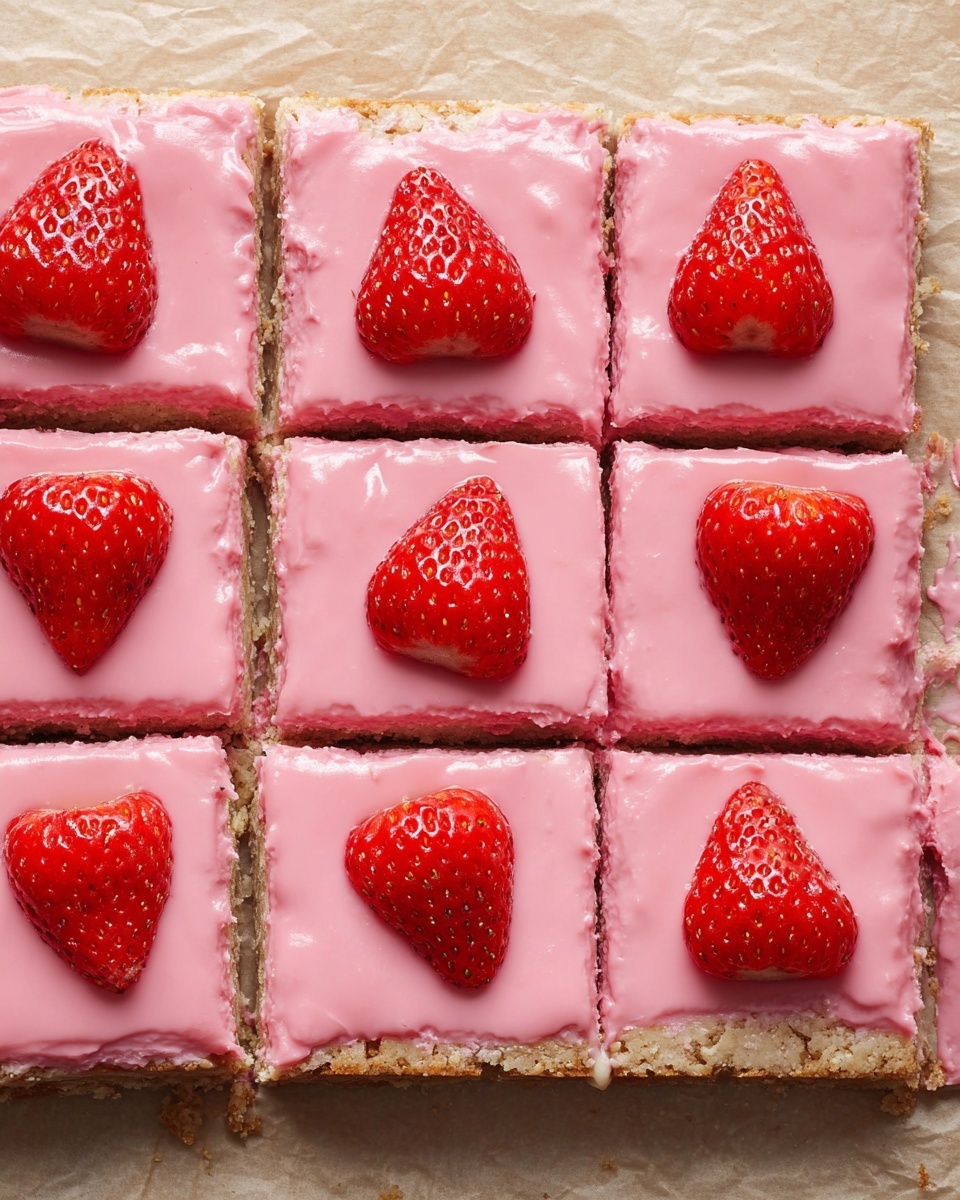 A square dessert cut into 16 smaller squares is shown on beige parchment paper. The dessert has two clear layers: a light brown base with a crumbly texture and a smooth, shiny pink icing layer on top. Four of the pink-iced squares are each decorated with a half strawberry placed in the center, showing the red, shiny seeds and textured surface of the fruit. The dessert is neatly arranged and the icing has some slight unevenness around the edges of each square. Photo taken with an iphone --ar 4:5 --v 7