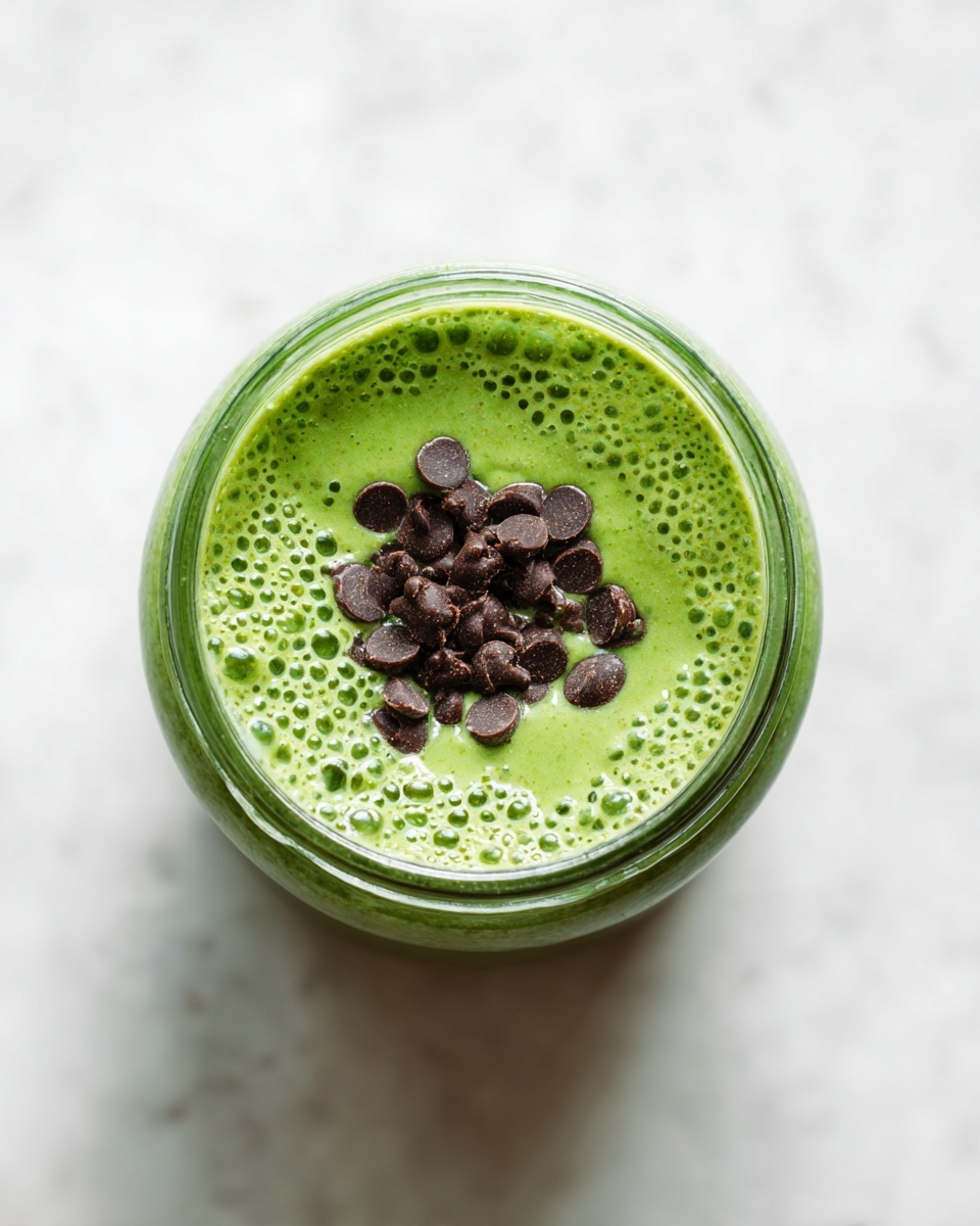 A clear glass jar is filled with a bright green smoothie that has a slightly thick, bubbly texture, showing small white foam spots across the surface. On top, there is a small cluster of dark brown chocolate chips placed at the center, creating a contrast with the green smoothie. The jar is set on a white marbled surface, with soft natural light highlighting the vivid colors and textures inside the jar. photo taken with an iphone --ar 4:5 --v 7