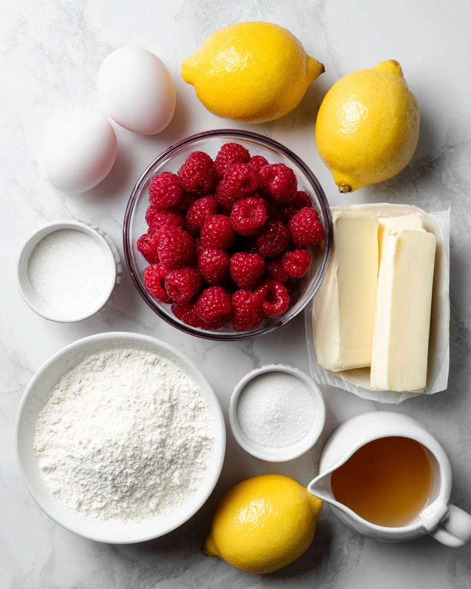 The image shows a top view of several baking ingredients neatly arranged on a white marbled surface. In the center, there is a clear glass bowl filled with bright red raspberries. Surrounding it, there are three white eggs, two whole yellow lemons, a small white bowl of white granulated sugar, a small white bowl of white powder (likely baking powder), a white bowl filled with white flour, two sticks of pale-yellow butter still wrapped in paper, and a small white jug containing amber-colored liquid, possibly vanilla or syrup. The composition is clean and bright, with each ingredient clearly visible and separated. Photo taken with an iphone --ar 4:5 --v 7