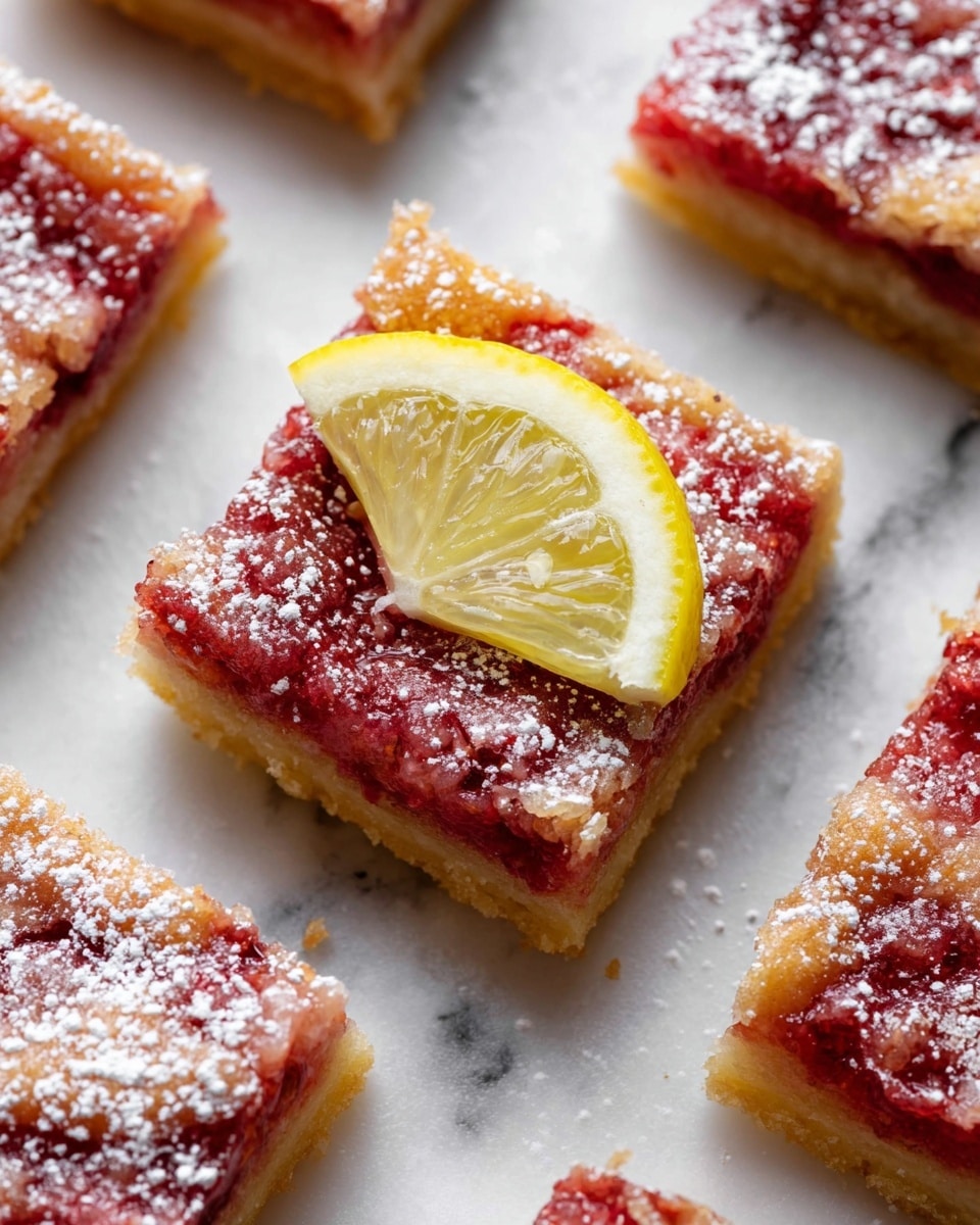 The image shows square dessert bars placed on a white marbled surface, each bar having three layers: a golden-baked base layer, a thick middle layer of reddish fruit with a textured, moist appearance, topped with a light dusting of powdered sugar. One square in the center is garnished with a glossy, bright yellow lemon wedge that highlights its juicy texture and contrasts with the red fruit layer beneath. The bars are evenly spaced with clear sharp edges, presenting a clean and fresh look. Photo taken with an iphone --ar 4:5 --v 7