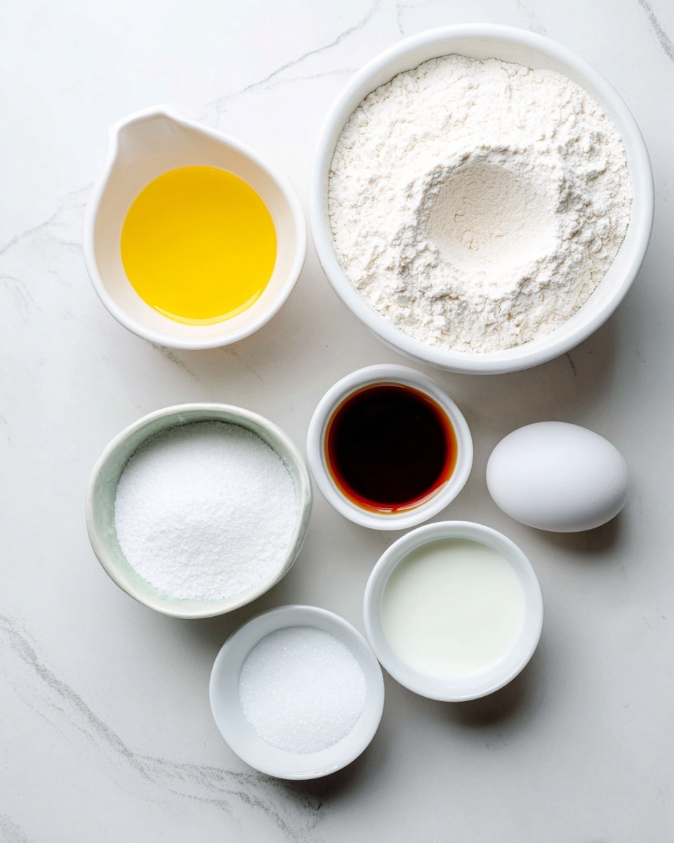 The image shows six ingredients arranged on a white marbled surface: a large white bowl filled with white flour with a light indentation in the center, a measuring cup with bright yellow melted butter, a small white bowl filled with dark brown vanilla extract, a white egg, a small white bowl with a smooth white liquid (likely cream or milk), and a white bowl filled with granulated white sugar. All items are neat and clean, placed close to each other. Photo taken with an iphone --ar 4:5 --v 7