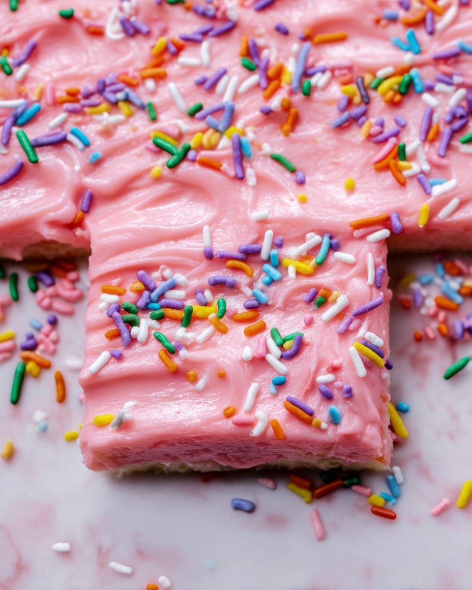 The image shows a close-up of a single-layer square dessert with smooth, thick pink frosting covering the top. The frosting has a creamy texture with a few gentle swirls and ridges, creating a soft, inviting look. Colorful, long sprinkles in shades of purple, blue, green, yellow, white, and orange are scattered all over the pink frosting, adding bright pops of color. The dessert is set against a white marbled surface. Photo taken with an iphone --ar 4:5 --v 7
