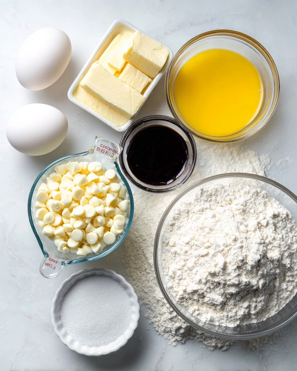 A top view of baking ingredients placed on a white marbled surface, including two white eggs to the left; a glass measuring cup filled with white chocolate chips in the center; a white bowl with melted yellow butter to the upper right; a small white bowl with dark liquid, likely vanilla, above the chocolate chips; a white ramekin with granulated sugar below the eggs; and a larger clear bowl filled with white flour on the right side. The items are arranged in a loose cluster, showing textures like smooth eggs, powdery flour, and creamy butter. photo taken with an iphone --ar 4:5 --v 7