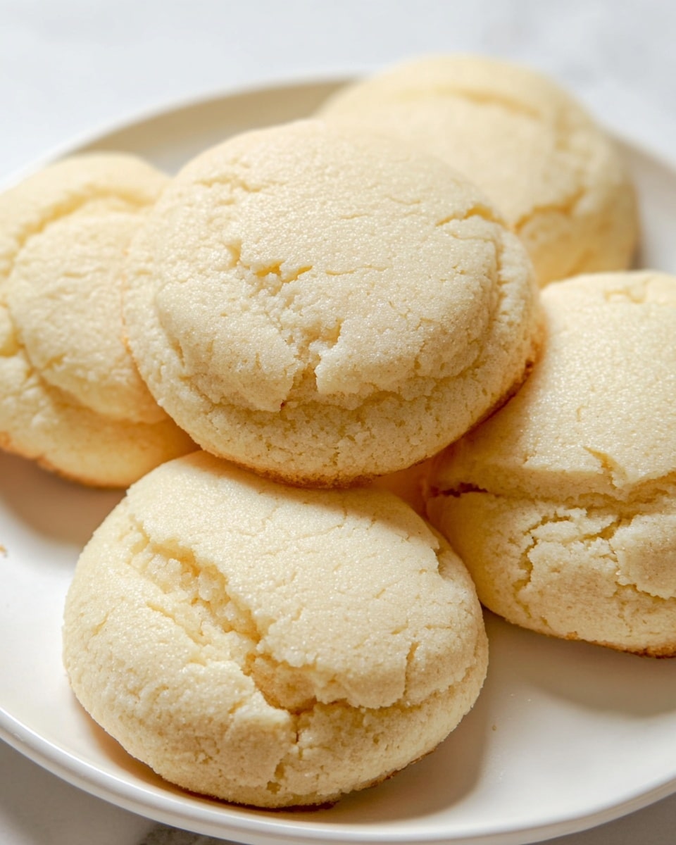 A close-up view of five light beige, soft round cookies with slightly cracked tops, arranged on a white plate that sits on a white marbled surface. The cookies have a smooth, fluffy texture with small visible crumbs, and they are placed close together, overlapping each other gently. The lighting highlights the delicate curves and soft surface of the cookies, giving a fresh, homemade impression. Photo taken with an iphone --ar 4:5 --v 7