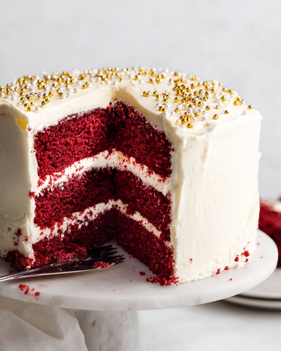 A three-layer red velvet cake with deep red, moist sponge layers separated by smooth, thick white cream frosting, all covered in an even, creamy white frosting around the outside. The top of the cake is decorated with small gold and white round sprinkles scattered evenly. The cake sits on a white marble cake stand, with a slice being lifted by a fork. The background is a white marbled texture. photo taken with an iphone --ar 4:5 --v 7