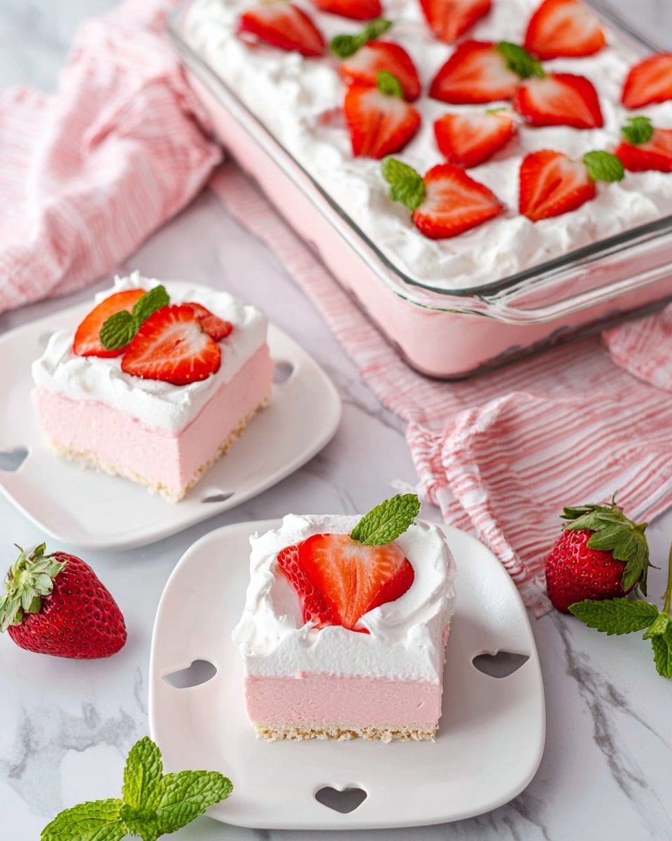 The image shows a dessert in a clear glass dish with three distinct layers. The bottom layer is a light pink creamy base, smooth in texture and visible through the clear sides. On top of this is a thick white layer of whipped cream, spread unevenly with soft swirls that add volume and texture. The top is decorated with six halved strawberries, each bright red with visible seeds, arranged in two rows of three. Each strawberry half has a small green mint leaf on it, adding a fresh pop of color. The dish is set on a white marbled surface, next to a white bowl containing whole strawberries and a white plate with a cutout pattern. A pink and white striped cloth partly frames the left side of the image. photo taken with an iphone --ar 4:5 --v 7