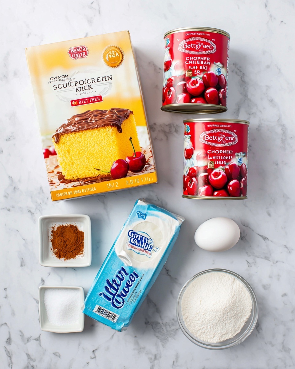 The image shows several baking ingredients arranged on a white marbled surface. In the center is a box of Betty Crocker Super Moist Yellow cake mix with a picture of a yellow cake with chocolate frosting. On each side of the box is a can of Great Value cherry pie filling, both showing bright red cherries with a golden crust on the label. Below the box is a stick of Grade AA butter wrapped in white paper with black text. To the left of the butter is a small white square dish with brown cinnamon powder, and next to it is a small white square bowl holding one white egg. To the right of the butter is a blue box of Great Value cream cheese, and next to it on the far right is a white bowl filled with white granulated sugar. The scene is bright and clean, perfect for a baking setup, photo taken with an iphone --ar 4:5 --v 7