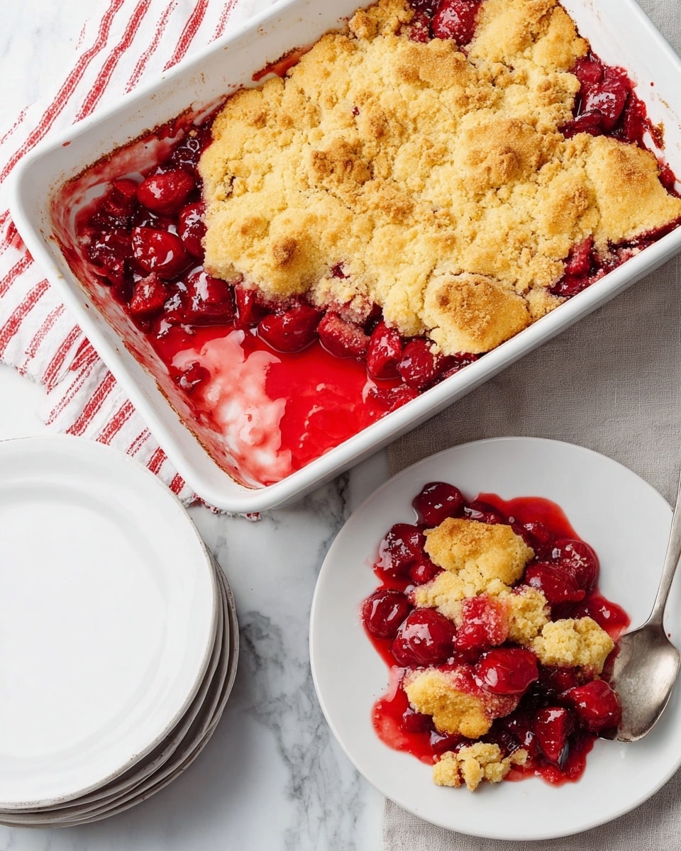 A white rectangular baking dish holds a fruit cobbler with two visible layers: the top layer is a golden-brown, crumbly crust while the bottom layer is a bright red cherry filling with whole cherries and thick sauce visible at the edges. A portion of the cobbler is served on a white round plate, showing the thick, juicy cherry layer topped with chunks of the crumbly crust broken into uneven pieces. The dishes are placed on a white marbled surface with a red and white striped cloth nearby, and two stacked white plates with a fork rest to the side. Photo taken with an iphone --ar 4:5 --v 7